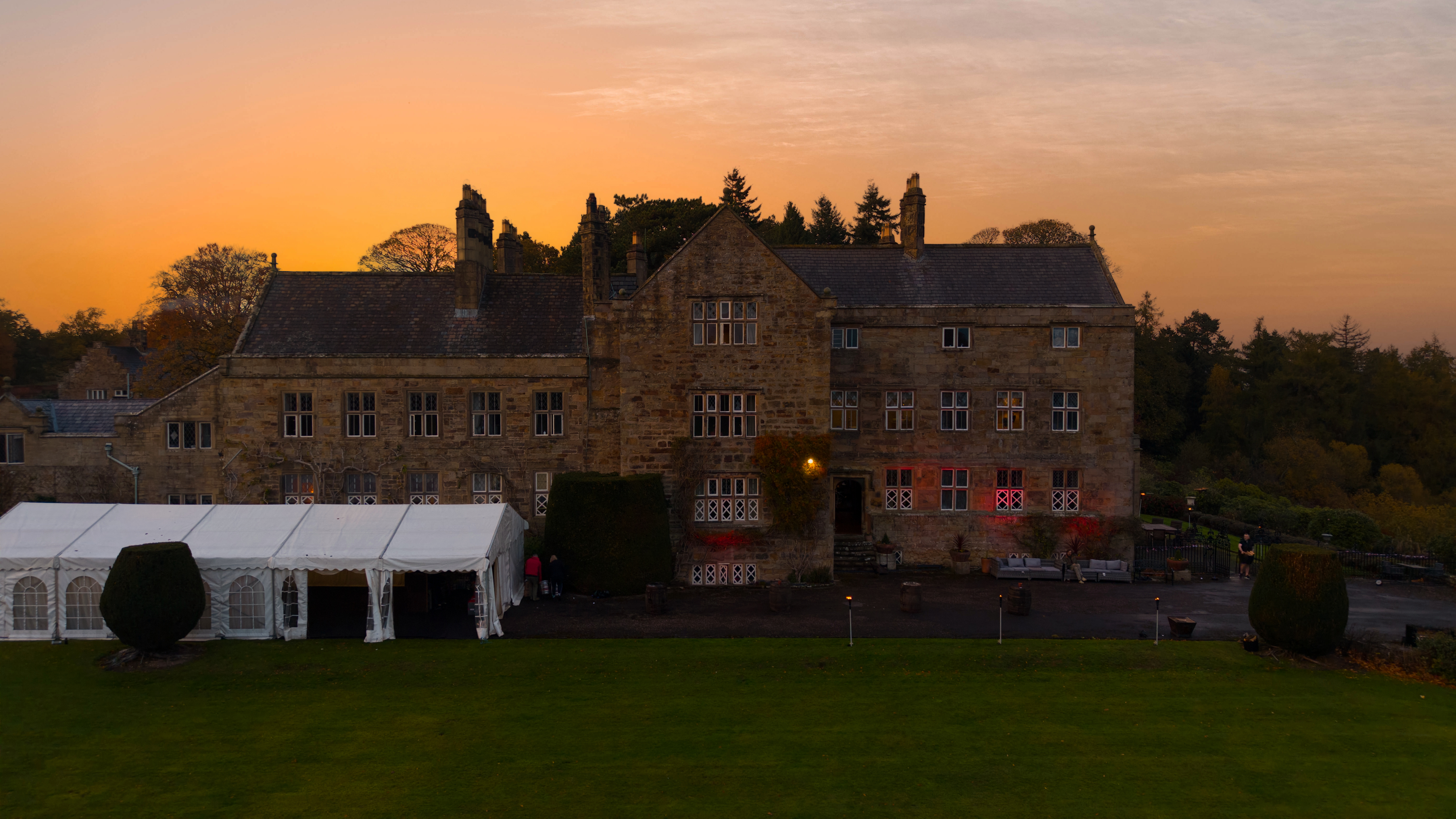 Panoramic view of Gwysaney Hall at sunset